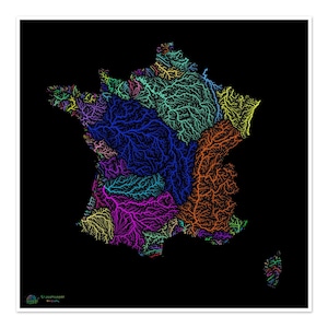 Francia - Mapa de cuencas fluviales, arcoíris sobre fondo negro - Impresión de bellas artes