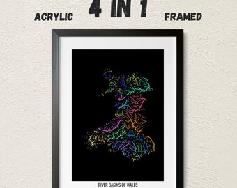 Wales - River basin map, rainbow colours - Wall Art