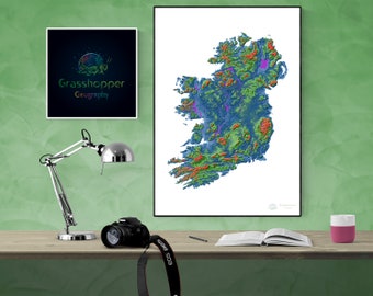 Elevation map of the island of Ireland (high resolution digital print), map print, wall art map, poster map, printable, home decor, gift