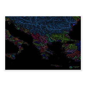 Los Balcanes - Mapa de la cuenca hidrográfica, arcoíris sobre fondo negro - Impresión de bellas artes