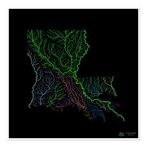Luisiana - Mapa de la cuenca fluvial, arcoíris sobre fondo negro - Impresión de bellas artes