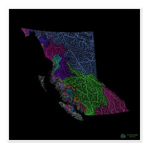 Colombie-Britannique - Carte du bassin hydrographique, arc-en-ciel sur noir - Impression artistique