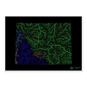 Wyoming - Carte du bassin hydrographique, arc-en-ciel sur noir - Impression artistique