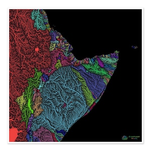 La Corne de l'Afrique - Carte des bassins hydrographiques, arc-en-ciel sur noir - Impression artistique