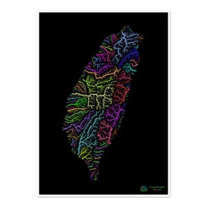 Taïwan - Carte du bassin hydrographique, arc-en-ciel sur noir - Impression artistique