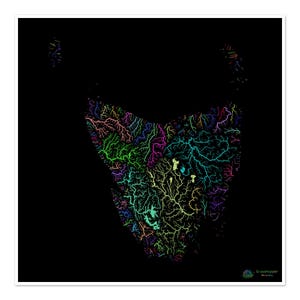 Tasmanie - Carte du bassin hydrographique, arc-en-ciel sur noir - Impression artistique
