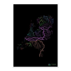 Niederlande - Flusslandkarte, Regenbogen auf schwarz - Fine Art Print