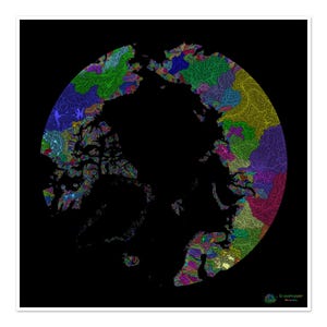El Ártico - Mapa de la cuenca fluvial, arcoíris sobre fondo negro - Impresión de bellas artes