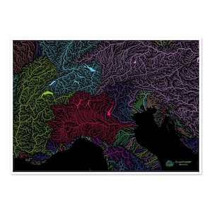 Les Alpes - Carte des bassins hydrographiques, arc-en-ciel sur noir - Impression artistique