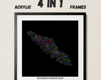 Vancouver Island - River basin map, rainbow colours - Wall Art