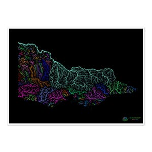 Victoria - Carte du bassin hydrographique, arc-en-ciel sur noir - Impression artistique