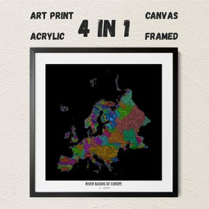 Europe - Carte des bassins hydrographiques, couleurs arc-en-ciel - Art mural