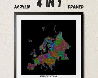 Europe - River basin map, rainbow colours - Wall Art
