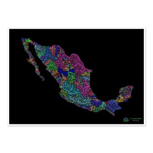 México - Mapa de cuencas fluviales, arcoíris sobre fondo negro - Impresión de bellas artes