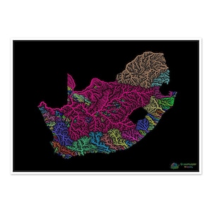 Afrique du Sud - Carte du bassin hydrographique, arc-en-ciel sur noir - Impression artistique