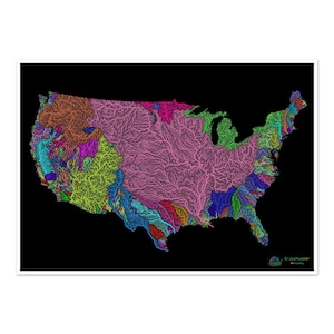 USA - Landkarte Flussgebiet, Regenbogen auf schwarz - Fine Art Print