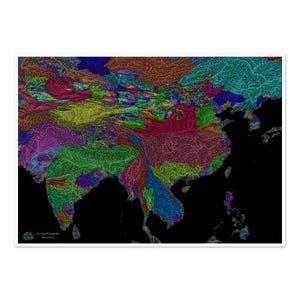 India y China - Mapa de cuencas fluviales, arcoíris sobre fondo negro - Impresión de bellas artes