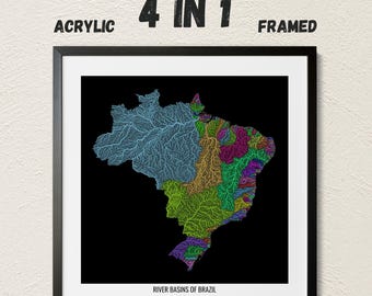 Brazil - River basin map, rainbow colours - Wall Art