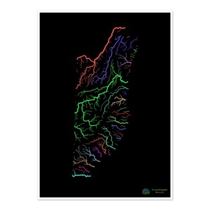 Belice - Mapa de la cuenca hidrográfica, arcoíris sobre fondo negro - Impresión de bellas artes