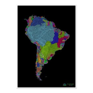 Amérique du Sud - Carte du bassin hydrographique, arc-en-ciel sur noir - Impression artistique