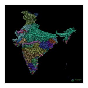Inde - Carte du bassin hydrographique, arc-en-ciel sur noir - Impression artistique