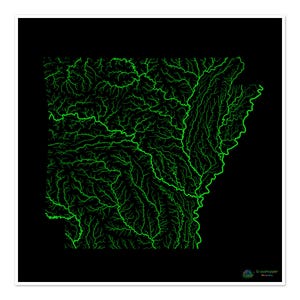 Arkansas - Carte du bassin hydrographique, arc-en-ciel sur noir - Impression artistique