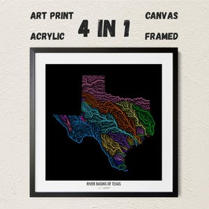 Texas - River basin map, rainbow colours - Wall Art