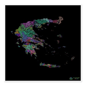 Griechenland - Flusslandkarte, Regenbogen auf schwarz - Fine Art Print