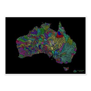 Australie - Carte du bassin hydrographique, arc-en-ciel sur noir - Impression artistique