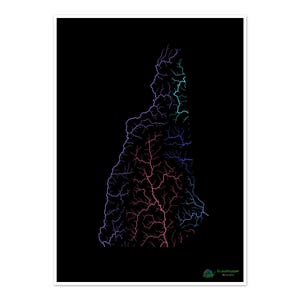 New Hampshire - Mapa de la cuenca fluvial, arcoíris sobre fondo negro - Impresión de bellas artes