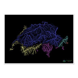 Suisse - Carte du bassin hydrographique, arc-en-ciel sur noir - Impression artistique