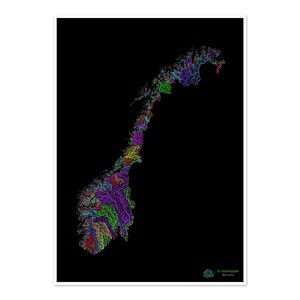 Norvège - Carte du bassin hydrographique, arc-en-ciel sur noir - Impression artistique