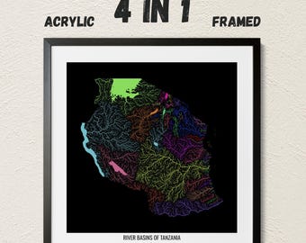 Tanzania - River basin map, rainbow colours - Wall Art