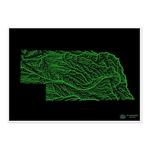 Nebraska - Mapa de la cuenca fluvial, arcoíris sobre fondo negro - Impresión de bellas artes