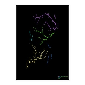 Rhode Island - Carte du bassin hydrographique, arc-en-ciel sur noir - Impression artistique