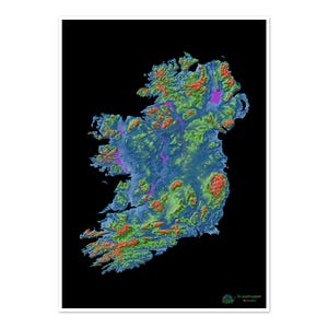 La isla de Irlanda - Mapa de elevación, negro - Impresión de bellas artes