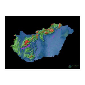 Hungría - Mapa de elevación, negro - Impresión de bellas artes