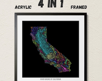 California - River basin map, rainbow colours - Wall Art
