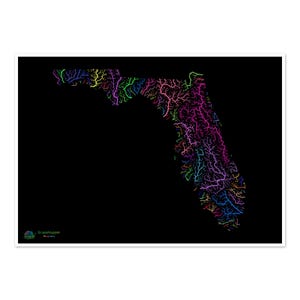 Florida - Stroomgebiedkaart, regenboog op zwart - Kunstdruk