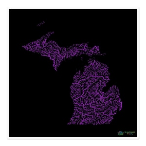 Michigan - Mapa de la cuenca fluvial, arcoíris sobre fondo negro - Impresión de bellas artes