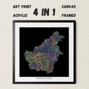 Borneo - River basin map, pastel colours - Wall Art