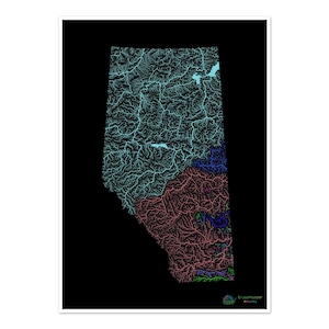 Alberta - Carte du bassin hydrographique, arc-en-ciel sur noir - Impression artistique