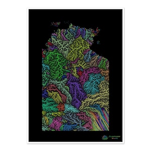 Territorio del Norte - Mapa de la cuenca fluvial, arcoíris sobre fondo negro - Impresión de bellas artes