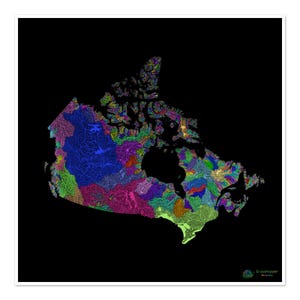 Canada - Carte des bassins hydrographiques, arc-en-ciel sur noir - Impression artistique