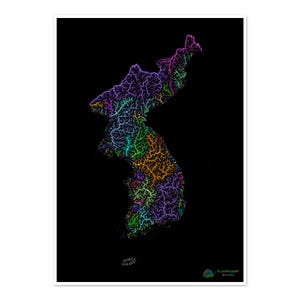 Corea - Mapa de la cuenca fluvial, arcoíris sobre fondo negro - Impresión de bellas artes