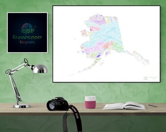 River basins of Alaska in rainbow colours (high resolution digital print) map print, wall art, poster map, home decor, wall decor, printable