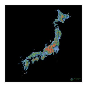 Japón - Mapa de elevación, negro - Impresión de bellas artes