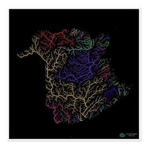 Nouveau-Brunswick - Carte du bassin hydrographique, arc-en-ciel sur noir - Impression d'art