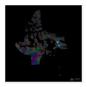 Nunavut - Carte du bassin hydrographique, arc-en-ciel sur noir - Impression artistique