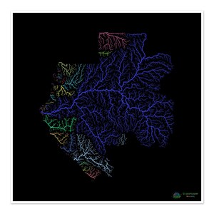 Gabón - Mapa de la cuenca hidrográfica, arcoíris sobre fondo negro - Impresión de bellas artes